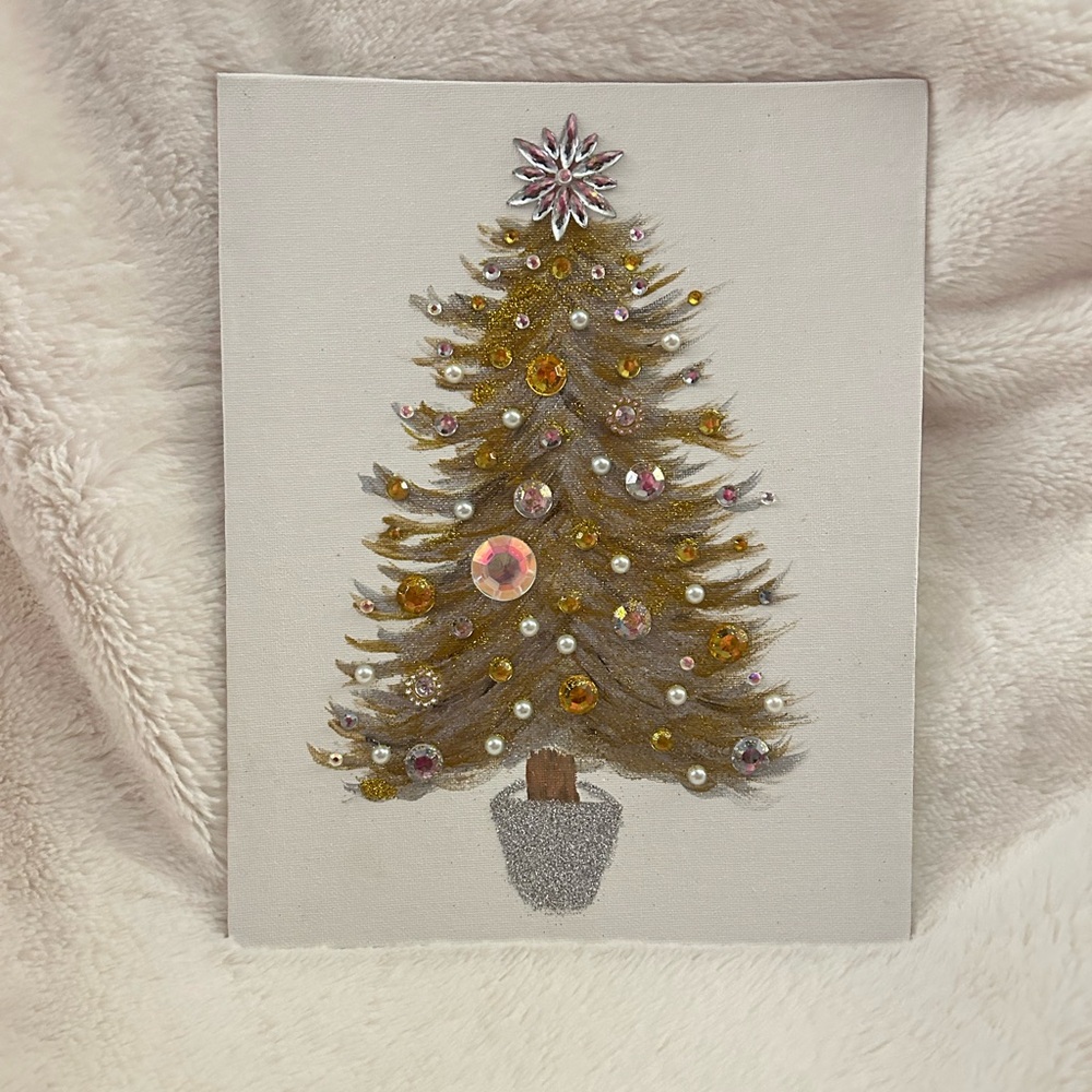 Elegant Holiday Tree Canvas with Gold and Silver Accents (hand made)